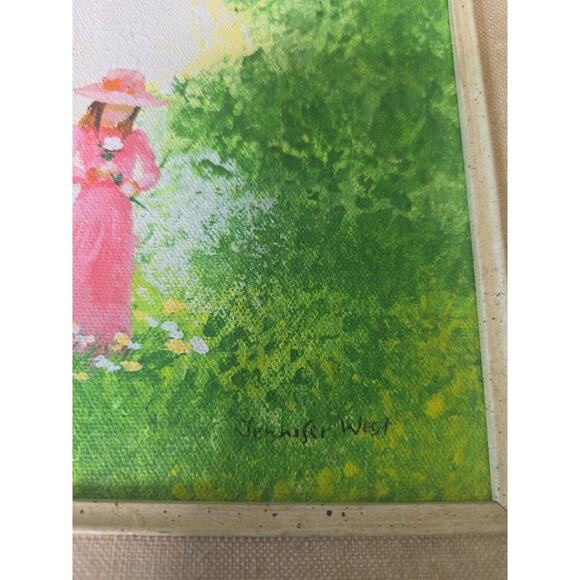 VTG Oil Painting Woman in Pink Dress in Garden Scene Signed Jennifer West 13x15 - Picture 11 of 16